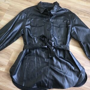 Black Faux Leather Belted Jacket